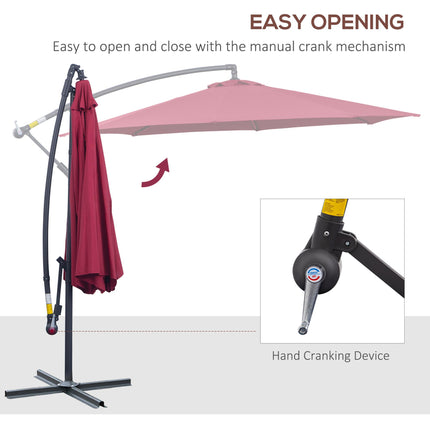 3 Metre Garden Banana Parasol with Crank Handle and Cross Base - Wine Red