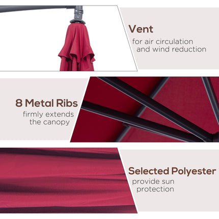 3 Metre Garden Banana Parasol with Crank Handle and Cross Base - Wine Red