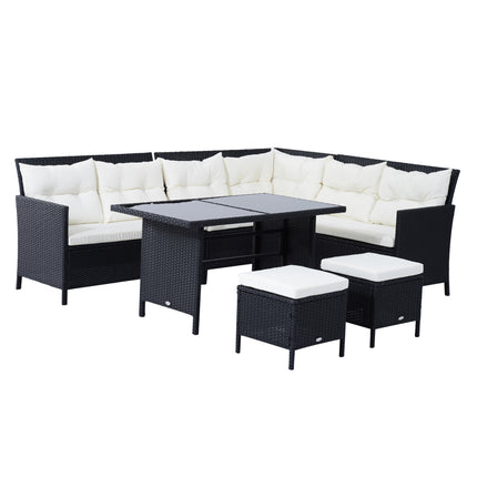 8-Seater Rattan Corner Garden Dining Set with Coffee Table and Footstools - Black
