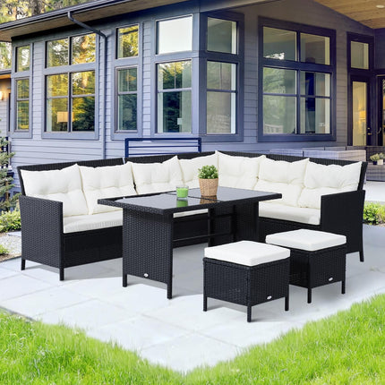 8-Seater Rattan Corner Garden Dining Set with Coffee Table and Footstools - Black