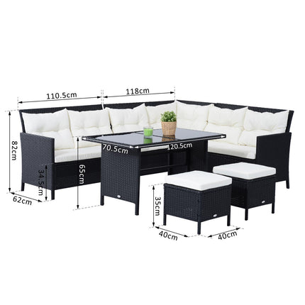 8-Seater Rattan Corner Garden Dining Set with Coffee Table and Footstools - Black
