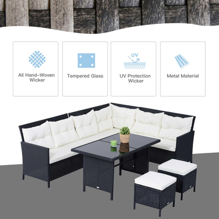8-Seater Rattan Corner Garden Dining Set with Coffee Table and Footstools - Black
