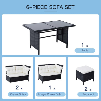 8-Seater Rattan Corner Garden Dining Set with Coffee Table and Footstools - Black