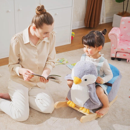 Rocking Animal Penguin Plush Musical Rocker with 32 Songs Wide Seat Handlebar - Multicoloured