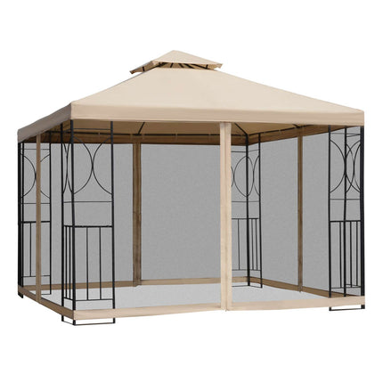 3x3m Garden Gazebo Tent with Netting and 2-Tier Roof Steel Frame - Sand