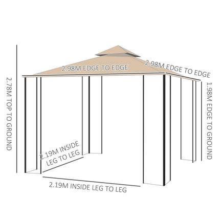 3x3m Garden Gazebo Tent with Netting and 2-Tier Roof Steel Frame - Sand