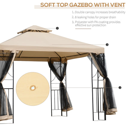 3x3m Garden Gazebo Tent with Netting and 2-Tier Roof Steel Frame - Sand