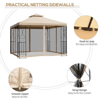 3x3m Garden Gazebo Tent with Netting and 2-Tier Roof Steel Frame - Sand