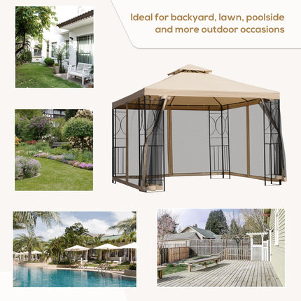 3x3m Garden Gazebo Tent with Netting and 2-Tier Roof Steel Frame - Sand