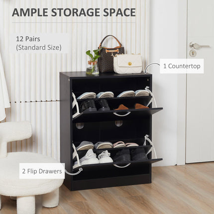 2-Tier Shoe Cabinet Storage Cupboard with Drawer and Adjustable Shelf Large Capacity - Black