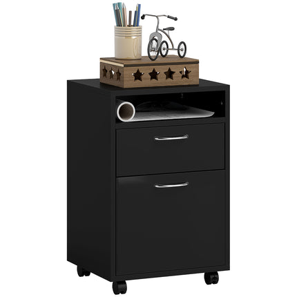 60cm Mobile Storage Cabinet with Drawer, Open Shelf & Metal Handles on Wheels - Black