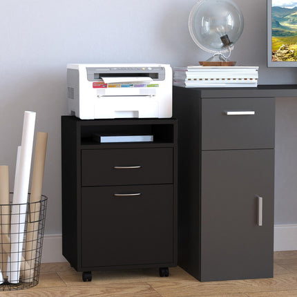60cm Mobile Storage Cabinet with Drawer, Open Shelf & Metal Handles on Wheels - Black