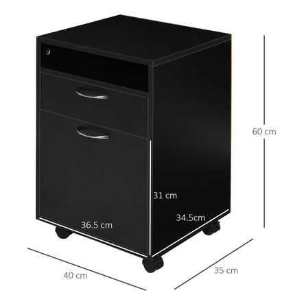 60cm Mobile Storage Cabinet with Drawer, Open Shelf & Metal Handles on Wheels - Black