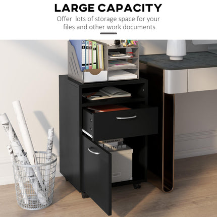 60cm Mobile Storage Cabinet with Drawer, Open Shelf & Metal Handles on Wheels - Black