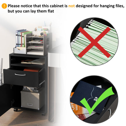60cm Mobile Storage Cabinet with Drawer, Open Shelf & Metal Handles on Wheels - Black