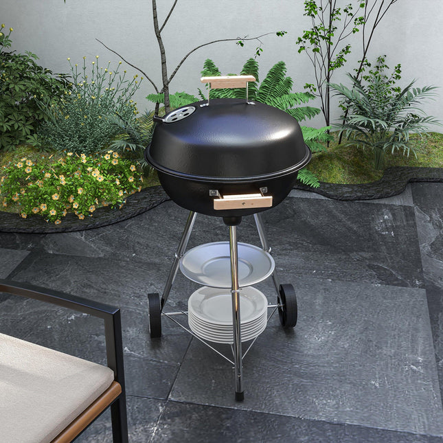 Portable Round Kettle Charcoal BBQ Grill with Heat Control for Outdoor Patio Party - Black