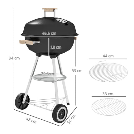 Portable Round Kettle Charcoal BBQ Grill with Heat Control for Outdoor Patio Party - Black