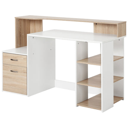 Computer Desk PC Table with Storage Drawers, Printer Shelf & Shelves - Oak and White