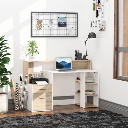 Computer Desk PC Table with Storage Drawers, Printer Shelf & Shelves - Oak and White