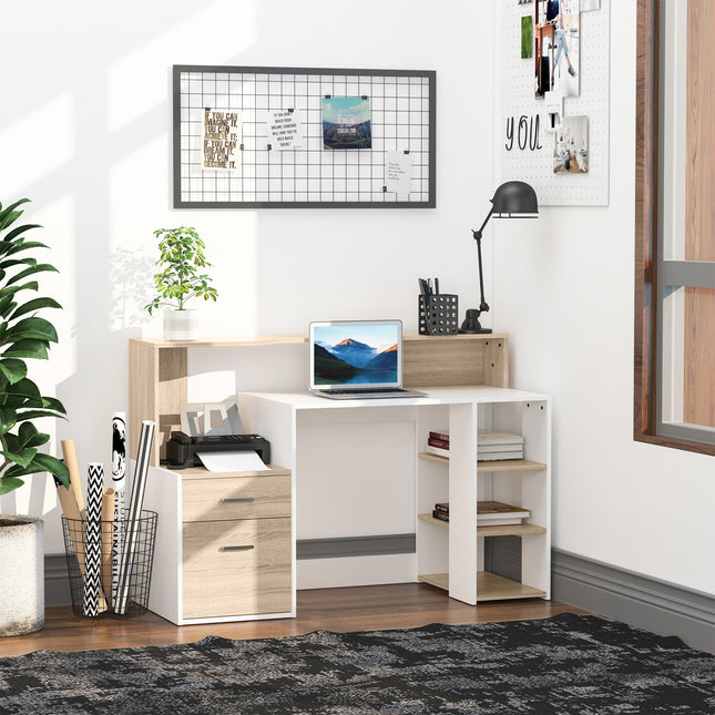 Computer Desk PC Table with Storage Drawers, Printer Shelf & Shelves - Oak and White
