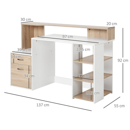 Computer Desk PC Table with Storage Drawers, Printer Shelf & Shelves - Oak and White