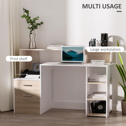 Computer Desk PC Table with Storage Drawers, Printer Shelf & Shelves - Oak and White
