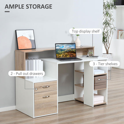 Computer Desk PC Table with Storage Drawers, Printer Shelf & Shelves - Oak and White
