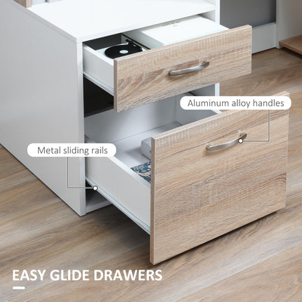Computer Desk PC Table with Storage Drawers, Printer Shelf & Shelves - Oak and White