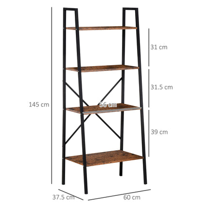4-Tier Vintage Ladder Shelf Bookcase with Wood Storage Racks for Plants Display - Black Brown