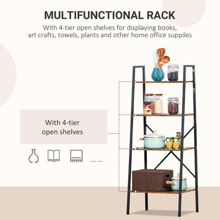 4-Tier Vintage Ladder Shelf Bookcase with Wood Storage Racks for Plants Display - Black Brown