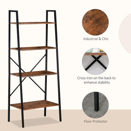 4-Tier Vintage Ladder Shelf Bookcase with Wood Storage Racks for Plants Display - Black Brown