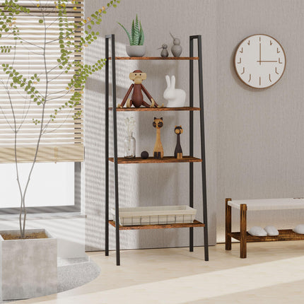 4-Tier Vintage Ladder Shelf Bookcase with Wood Storage Racks for Plants Display - Black Brown