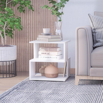 Modern Square 2 Tier Wood Coffee Side Table with Storage Shelf - White