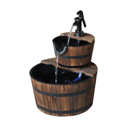 Wooden 2-Tier Water Pump Fountain Barrel Garden Deck - Natural Wood