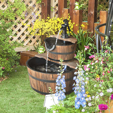 Wooden 2-Tier Water Pump Fountain Barrel Garden Deck - Natural Wood