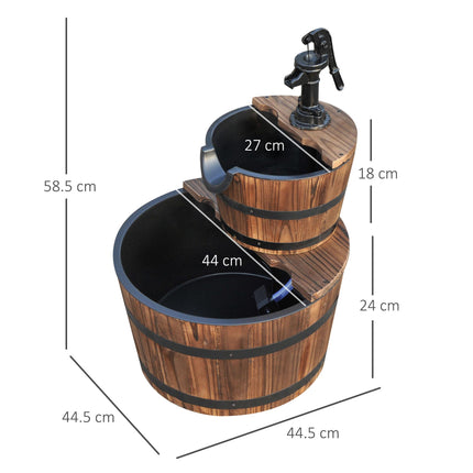 Wooden 2-Tier Water Pump Fountain Barrel Garden Deck - Natural Wood