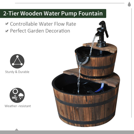 Wooden 2-Tier Water Pump Fountain Barrel Garden Deck - Natural Wood