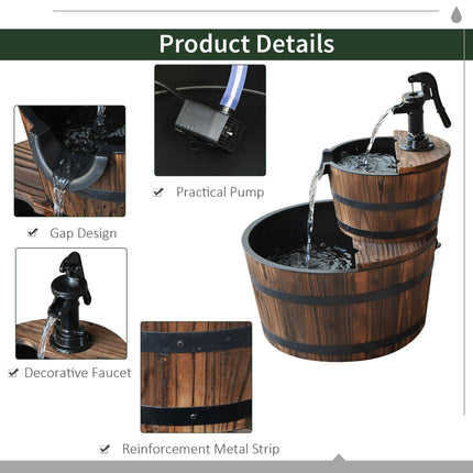 Wooden 2-Tier Water Pump Fountain Barrel Garden Deck - Natural Wood