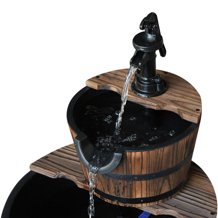 Wooden 2-Tier Water Pump Fountain Barrel Garden Deck - Natural Wood