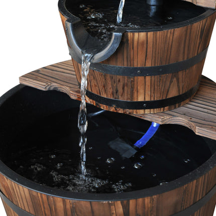 Wooden 2-Tier Water Pump Fountain Barrel Garden Deck - Natural Wood