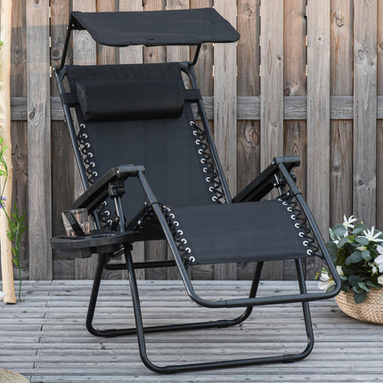Zero Gravity Folding Garden Deck Chair with Recliner, Cup Holder & Canopy Shade - Black