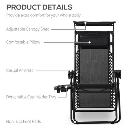 Zero Gravity Folding Garden Deck Chair with Recliner, Cup Holder & Canopy Shade - Black