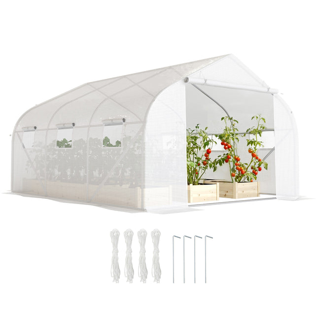 3.5m Walk-In Polytunnel Greenhouse with Steel Frame and Roll-Up Door - White