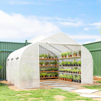 3.5m Walk-In Polytunnel Greenhouse with Steel Frame and Roll-Up Door - White
