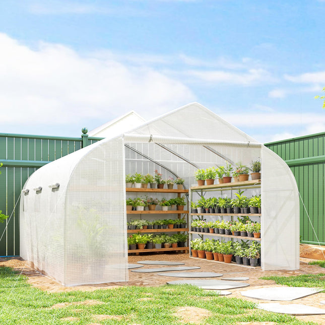 3.5m Walk-In Polytunnel Greenhouse with Steel Frame and Roll-Up Door - White