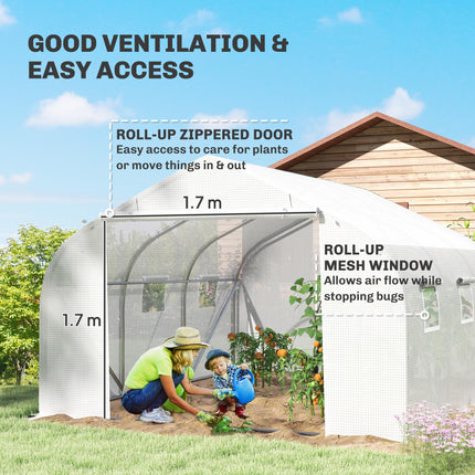 3.5m Walk-In Polytunnel Greenhouse with Steel Frame and Roll-Up Door - White