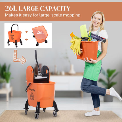 25L Mop Bucket with Wringer, Wheels & Handle - Orange