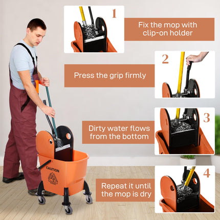 25L Mop Bucket with Wringer, Wheels & Handle - Orange
