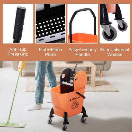 25L Mop Bucket with Wringer, Wheels & Handle - Orange