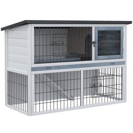 Two-Level Small Animal Fir Wood Hutch with Slide-Out Tray - Grey